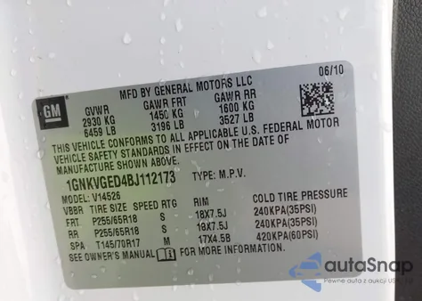 2011 Chevrolet Traverse 1Lt from USA, damaged, VIN 1GNKVGED4BJ112173